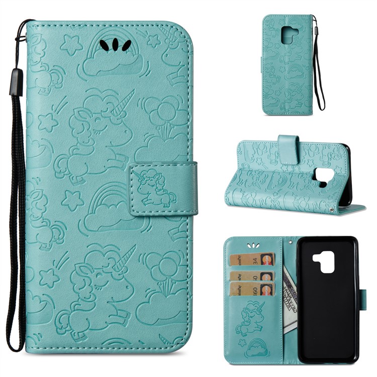 Imprinted Unicorn Pattern Wallet Leather Stand Cover for Samsung Galaxy A8 (2018) - Cyan-1