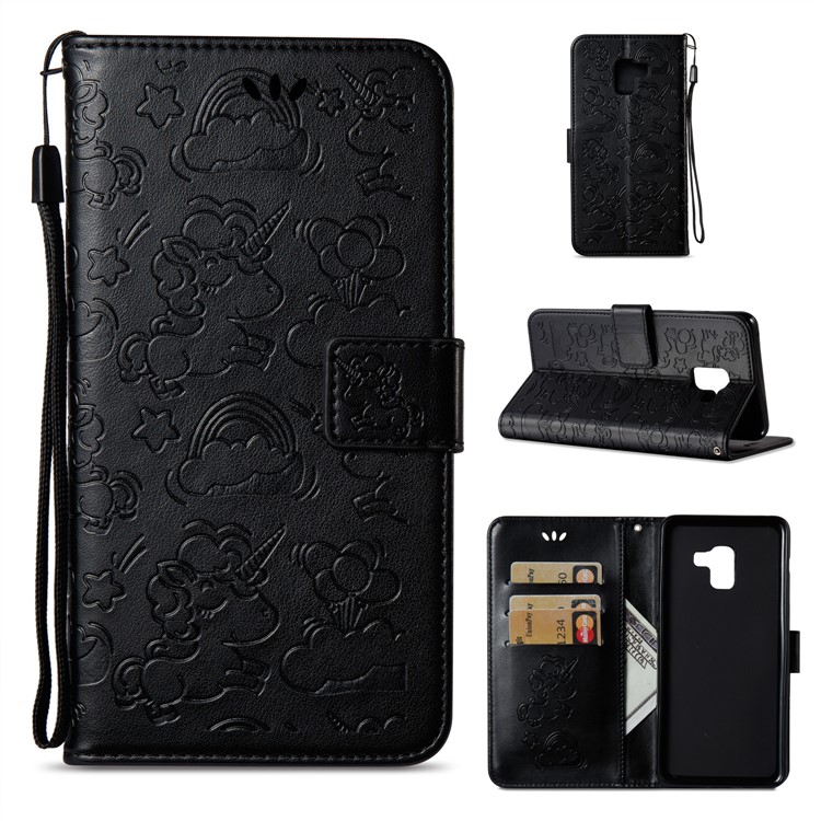Imprint Unicorn Cloud Leather Wallet Mobile Case with Lanyard for Samsung Galaxy A8+ (2018) - Black-1