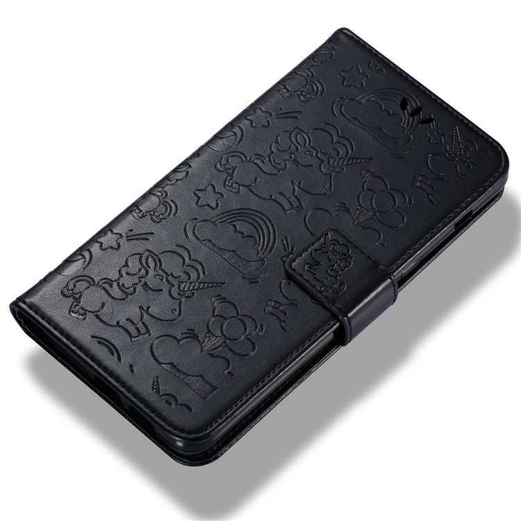 Imprint Unicorn Cloud Leather Wallet Mobile Case with Lanyard for Samsung Galaxy A8+ (2018) - Black-6