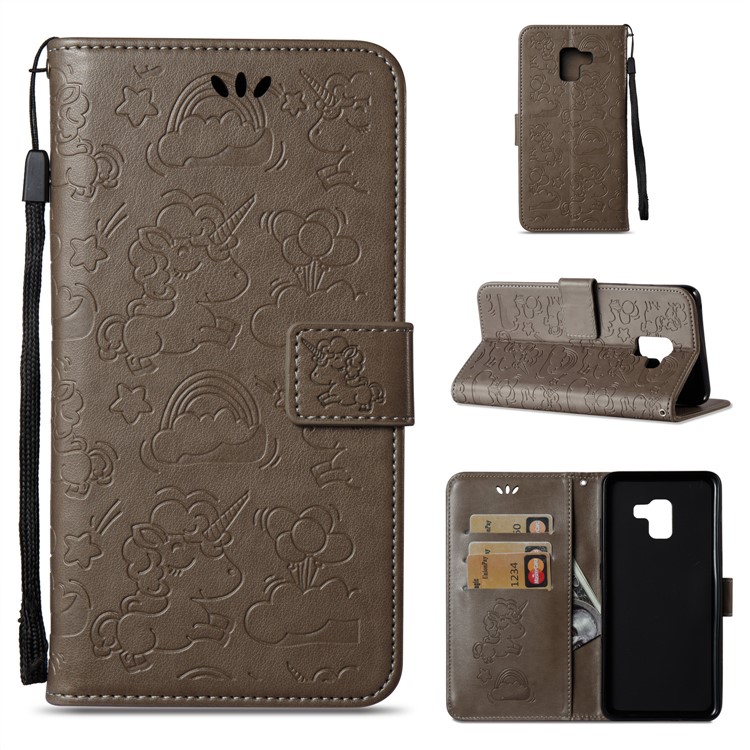 Imprint Unicorn Cloud Leather Wallet Mobile Cover with Lanyard for Samsung Galaxy A8+ (2018) - Brown-1