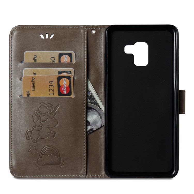Imprint Unicorn Cloud Leather Wallet Mobile Cover with Lanyard for Samsung Galaxy A8+ (2018) - Brown-10
