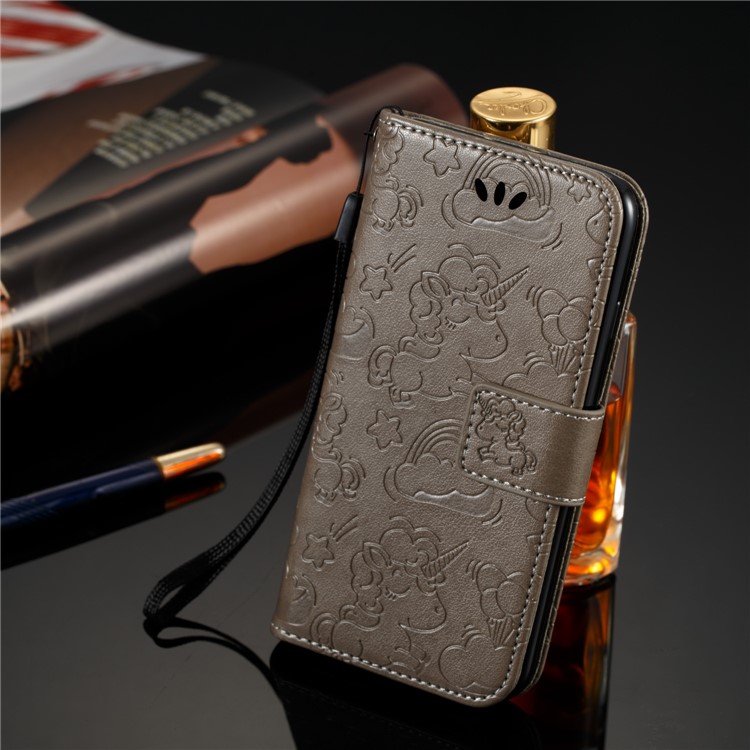 Imprint Unicorn Cloud Leather Wallet Mobile Cover with Lanyard for Samsung Galaxy A8+ (2018) - Brown-2