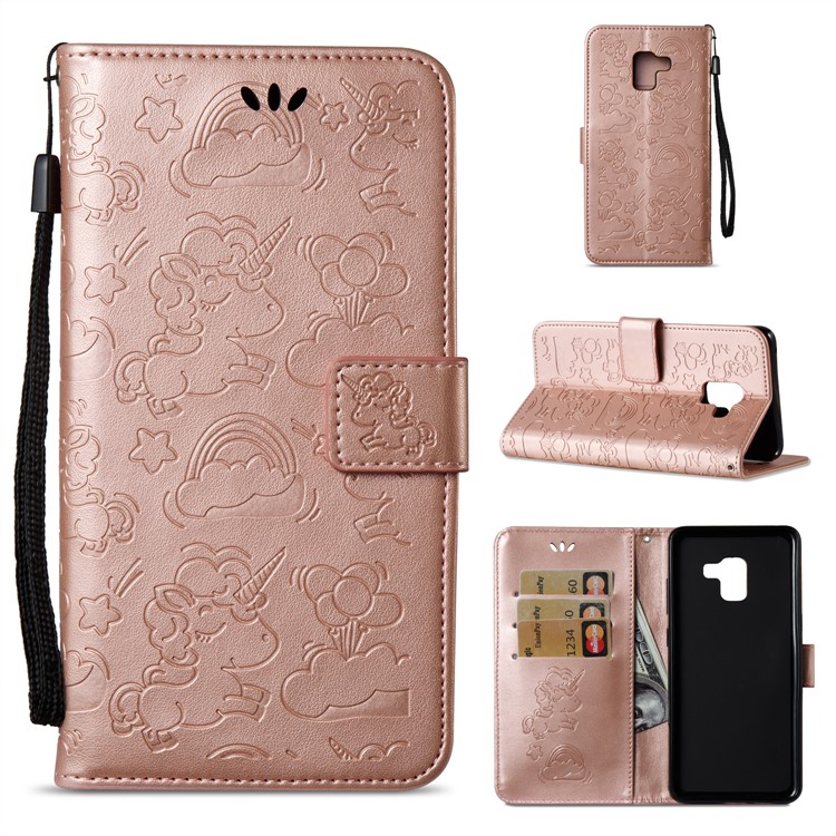 Imprint Unicorn Cloud Leather Wallet Mobile Shell with Lanyard for Samsung Galaxy A8+ (2018) - Rose Gold-1