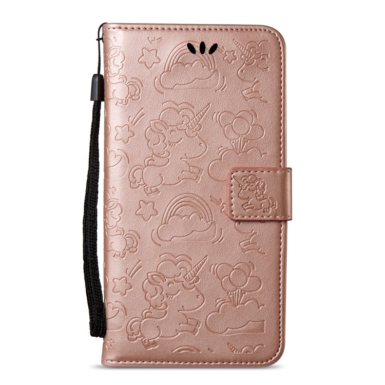 Imprint Unicorn Cloud Leather Wallet Mobile Shell with Lanyard for Samsung Galaxy A8+ (2018) - Rose Gold-7