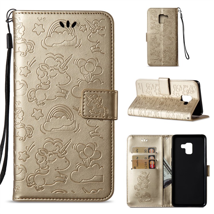 Imprint Unicorn Cloud Leather Wallet Mobile Casing with Lanyard for Samsung Galaxy A8+ (2018) - Gold-1