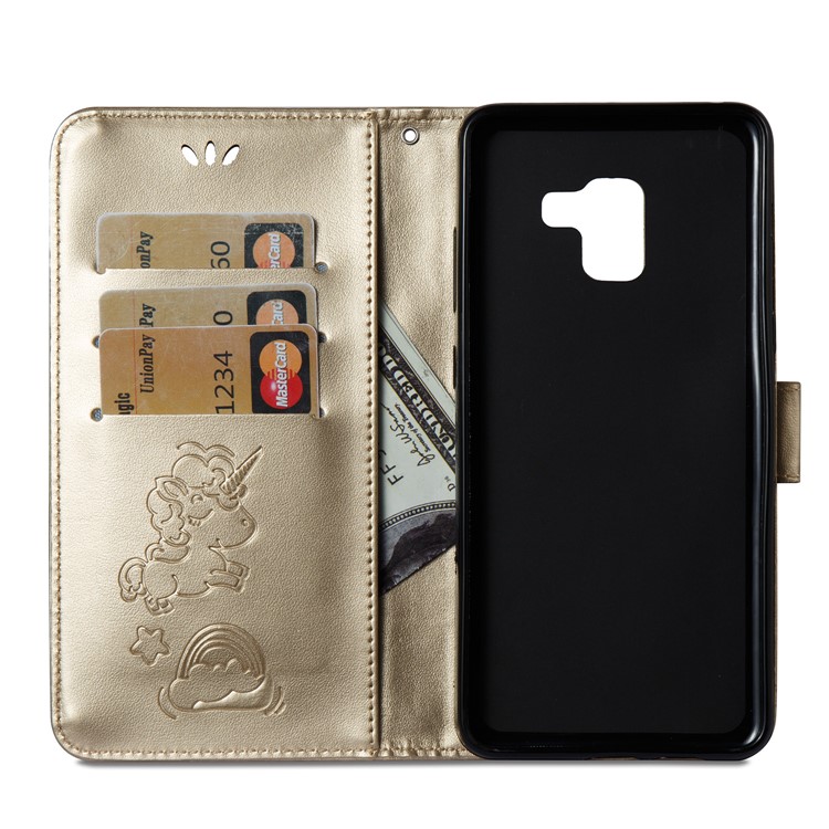 Imprint Unicorn Cloud Leather Wallet Mobile Casing with Lanyard for Samsung Galaxy A8+ (2018) - Gold-10