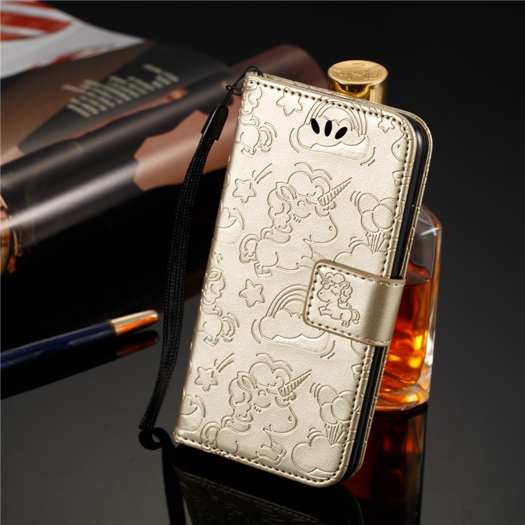 Imprint Unicorn Cloud Leather Wallet Mobile Casing with Lanyard for Samsung Galaxy A8+ (2018) - Gold-2