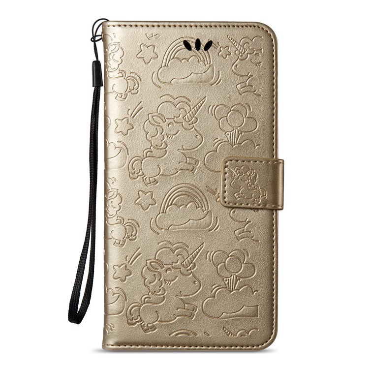 Imprint Unicorn Cloud Leather Wallet Mobile Casing with Lanyard for Samsung Galaxy A8+ (2018) - Gold-3