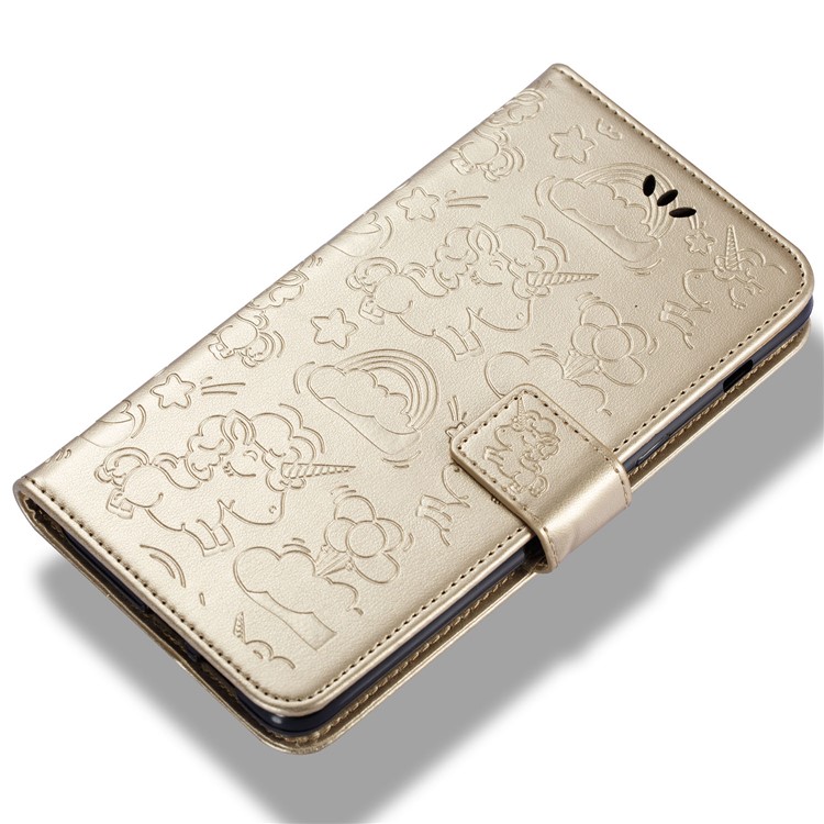 Imprint Unicorn Cloud Leather Wallet Mobile Casing with Lanyard for Samsung Galaxy A8+ (2018) - Gold-6