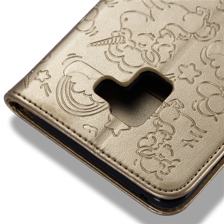 Imprint Unicorn Cloud Leather Wallet Mobile Casing with Lanyard for Samsung Galaxy A8+ (2018) - Gold-7