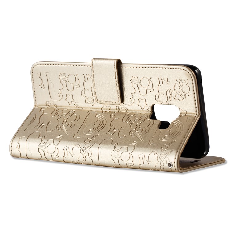 Imprint Unicorn Cloud Leather Wallet Mobile Casing with Lanyard for Samsung Galaxy A8+ (2018) - Gold-8