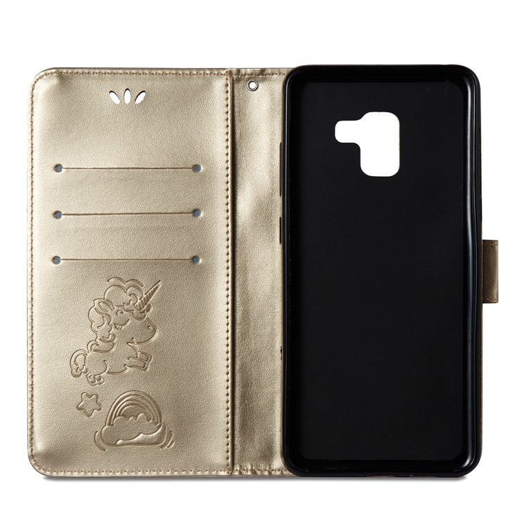 Imprint Unicorn Cloud Leather Wallet Mobile Casing with Lanyard for Samsung Galaxy A8+ (2018) - Gold-9