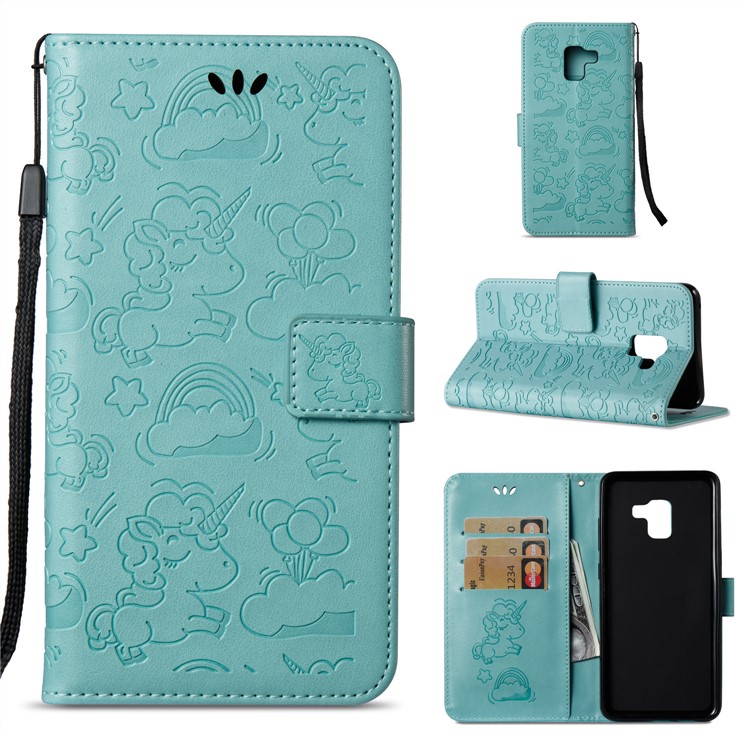 Imprint Unicorn Cloud Leather Wallet Mobile Phone Case with Lanyard for Samsung Galaxy A8+ (2018) - Cyan-1