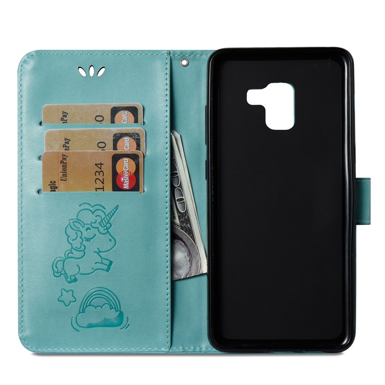 Imprint Unicorn Cloud Leather Wallet Mobile Phone Case with Lanyard for Samsung Galaxy A8+ (2018) - Cyan-19