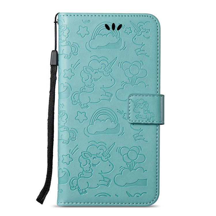 Imprint Unicorn Cloud Leather Wallet Mobile Phone Case with Lanyard for Samsung Galaxy A8+ (2018) - Cyan-5