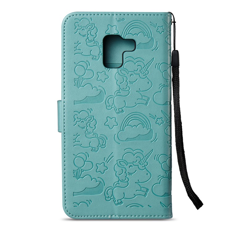 Imprint Unicorn Cloud Leather Wallet Mobile Phone Case with Lanyard for Samsung Galaxy A8+ (2018) - Cyan-7