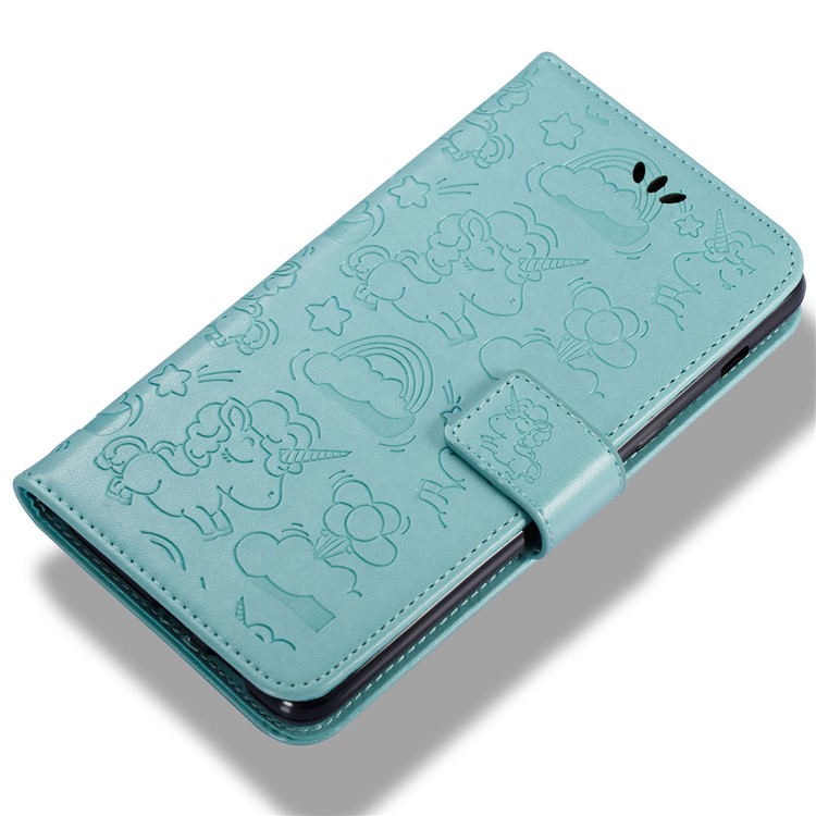 Imprint Unicorn Cloud Leather Wallet Mobile Phone Case with Lanyard for Samsung Galaxy A8+ (2018) - Cyan-11