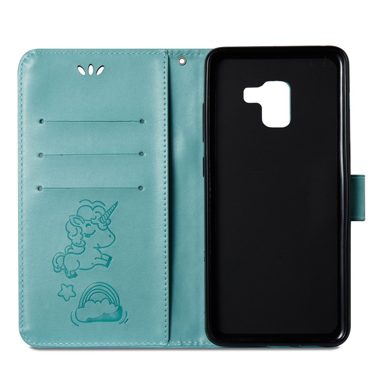 Imprint Unicorn Cloud Leather Wallet Mobile Phone Case with Lanyard for Samsung Galaxy A8+ (2018) - Cyan-17