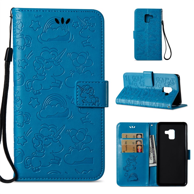 Imprint Unicorn Cloud Leather Wallet Cell Phone Case with Lanyard for Samsung Galaxy A8+ (2018) - Blue-1