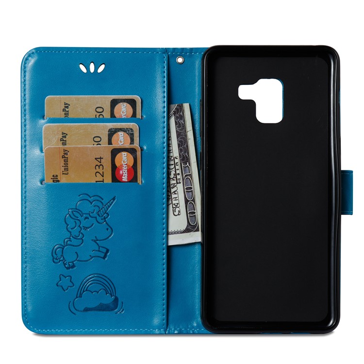 Imprint Unicorn Cloud Leather Wallet Cell Phone Case with Lanyard for Samsung Galaxy A8+ (2018) - Blue-10