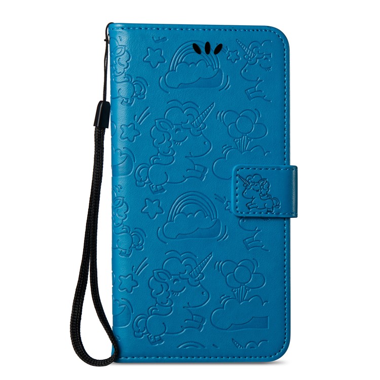 Imprint Unicorn Cloud Leather Wallet Cell Phone Case with Lanyard for Samsung Galaxy A8+ (2018) - Blue-3