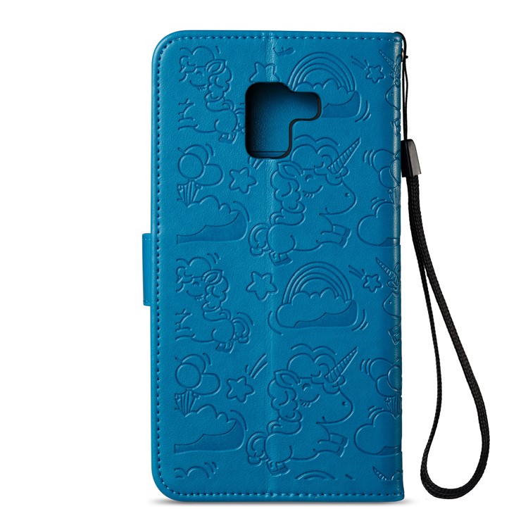 Imprint Unicorn Cloud Leather Wallet Cell Phone Case with Lanyard for Samsung Galaxy A8+ (2018) - Blue-4