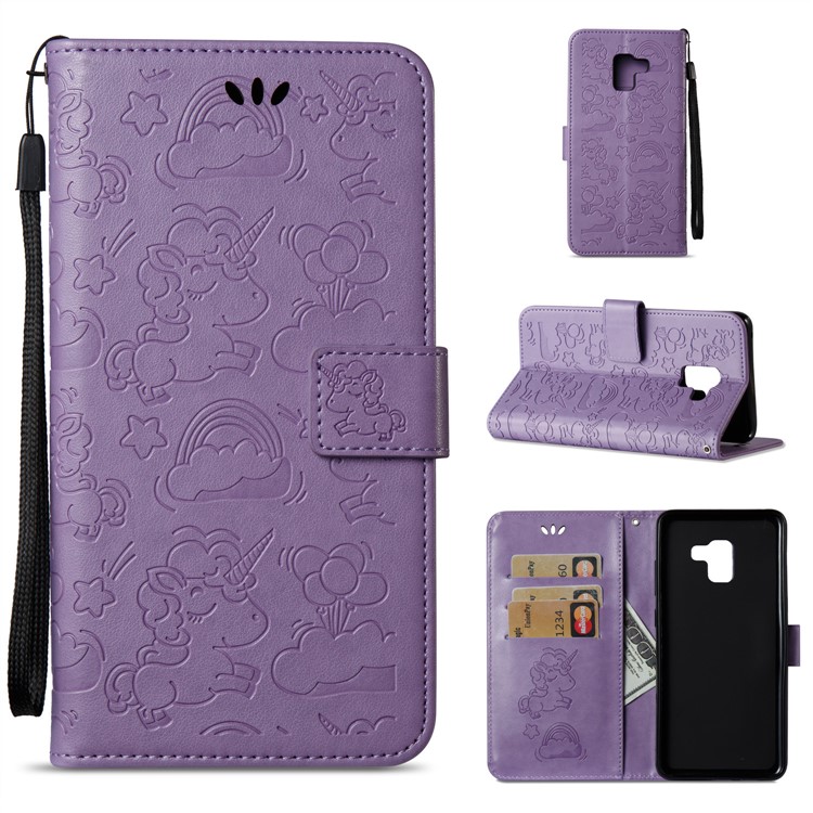 Imprint Unicorn Cloud Leather Wallet Mobile Phone Shell with Lanyard for Samsung Galaxy A8+ (2018) - Purple-1