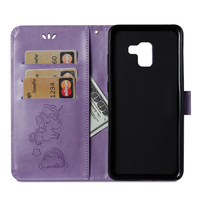 Imprint Unicorn Cloud Leather Wallet Mobile Phone Shell with Lanyard for Samsung Galaxy A8+ (2018) - Purple-10