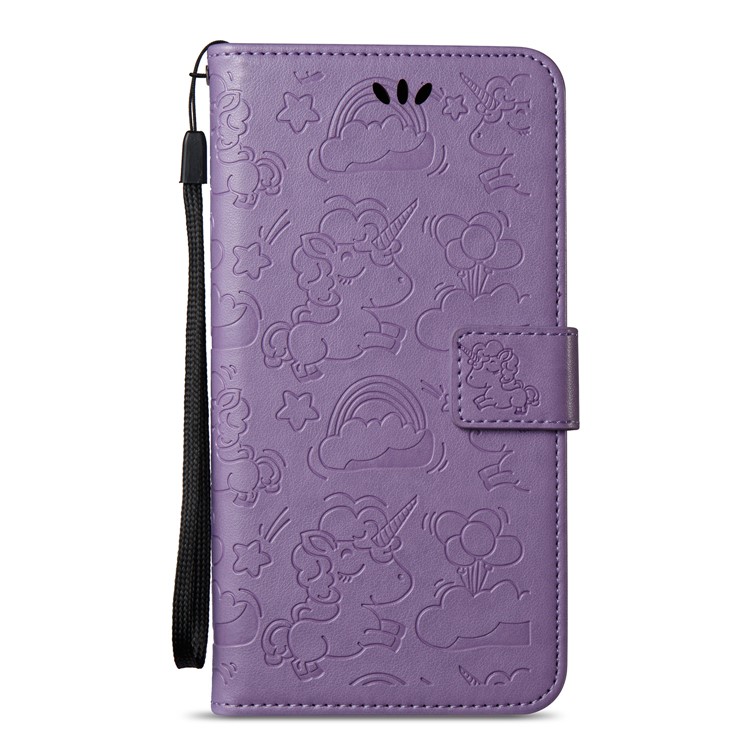 Imprint Unicorn Cloud Leather Wallet Mobile Phone Shell with Lanyard for Samsung Galaxy A8+ (2018) - Purple-3