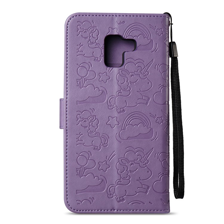Imprint Unicorn Cloud Leather Wallet Mobile Phone Shell with Lanyard for Samsung Galaxy A8+ (2018) - Purple-4