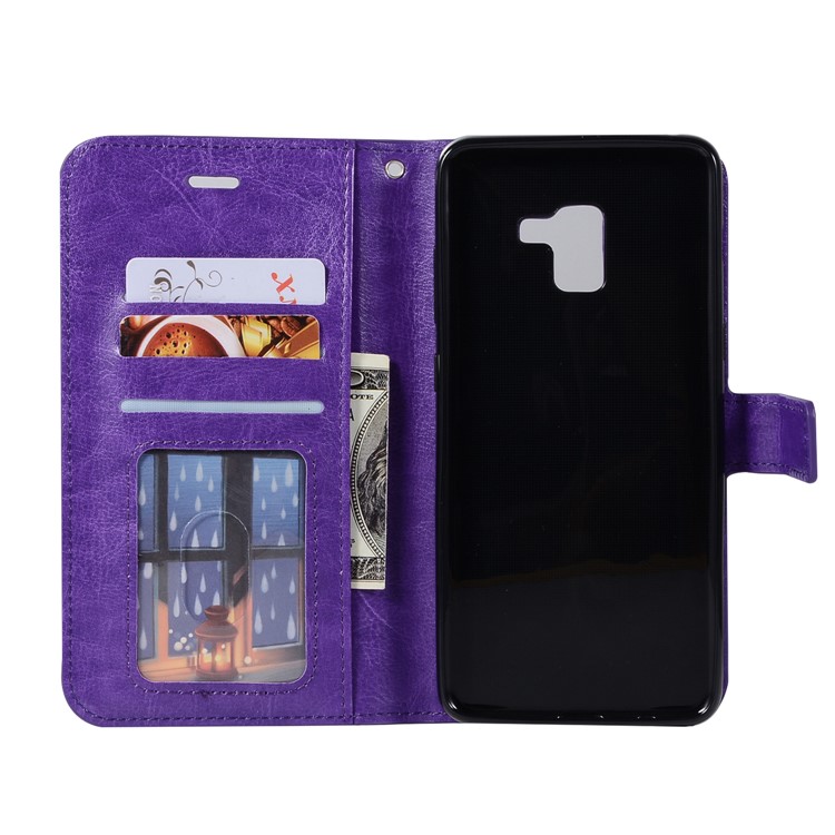 Crazy Horse Retro Leather Wallet Stand Cell Phone Case for Samsung Galaxy A8+ (2018) - Purple-3