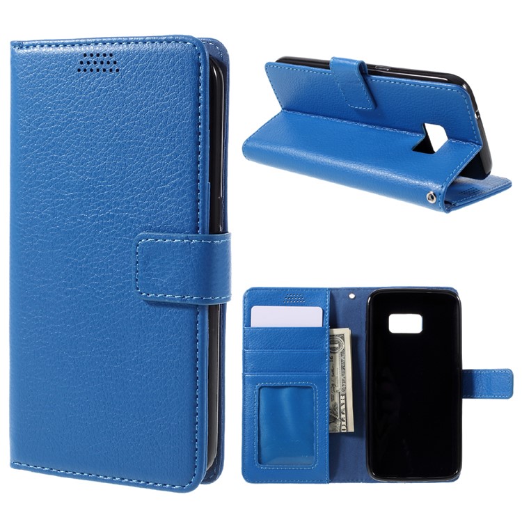 Litchi Leather Wallet Flip Cover for Samsung Galaxy S7 edge - Blue-1