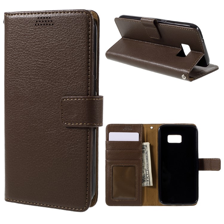 Litchi Leather Magnetic Stand Cover for Samsung Galaxy S7 edge - Brown-1