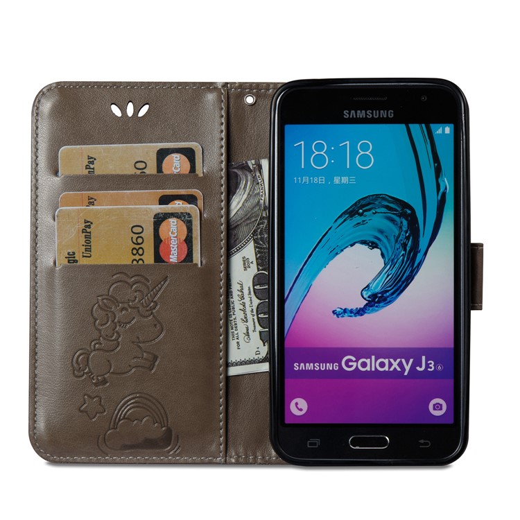 Imprint Unicorn Cloud PU Leather Wallet Stand Case for Samsung Galaxy J3 (2016) / J3 - Brown-9