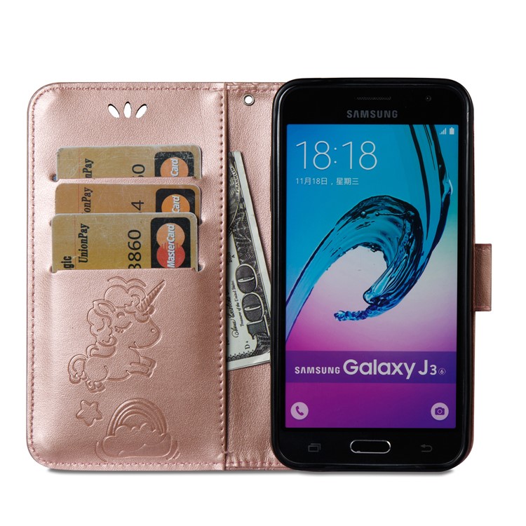 For Samsung Galaxy J3 (2016) / J3 Imprint Unicorn Cloud PU Leather Wallet Case Phone Accessory - Rose Gold-13