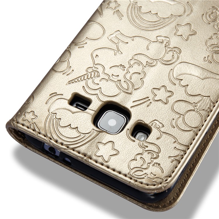 Imprint Unicorn Cloud PU Leather Wallet Protective Case for Samsung Galaxy J3 (2016) / J3 - Gold-10