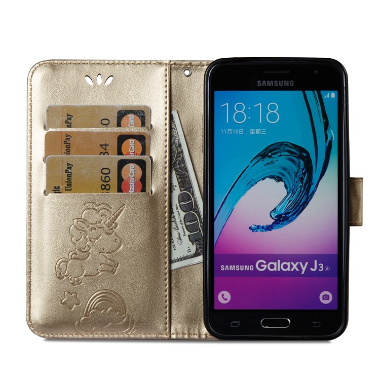 Imprint Unicorn Cloud PU Leather Wallet Protective Case for Samsung Galaxy J3 (2016) / J3 - Gold-9