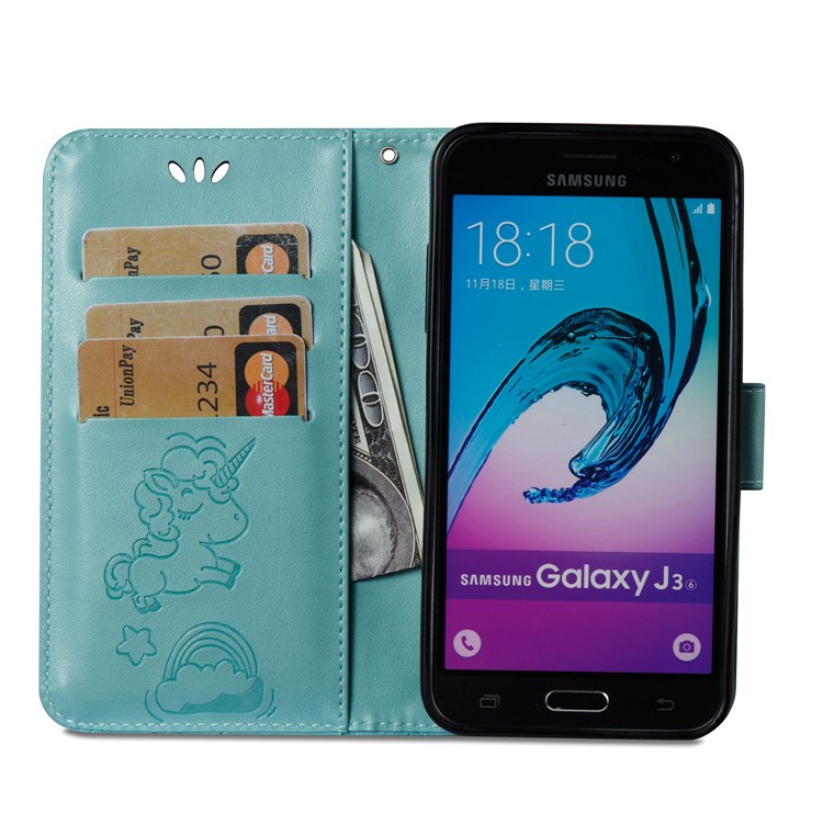 Imprint Unicorn Cloud PU Leather Wallet Mobile Cover for Samsung Galaxy J3 (2016) / J3 - Cyan-9
