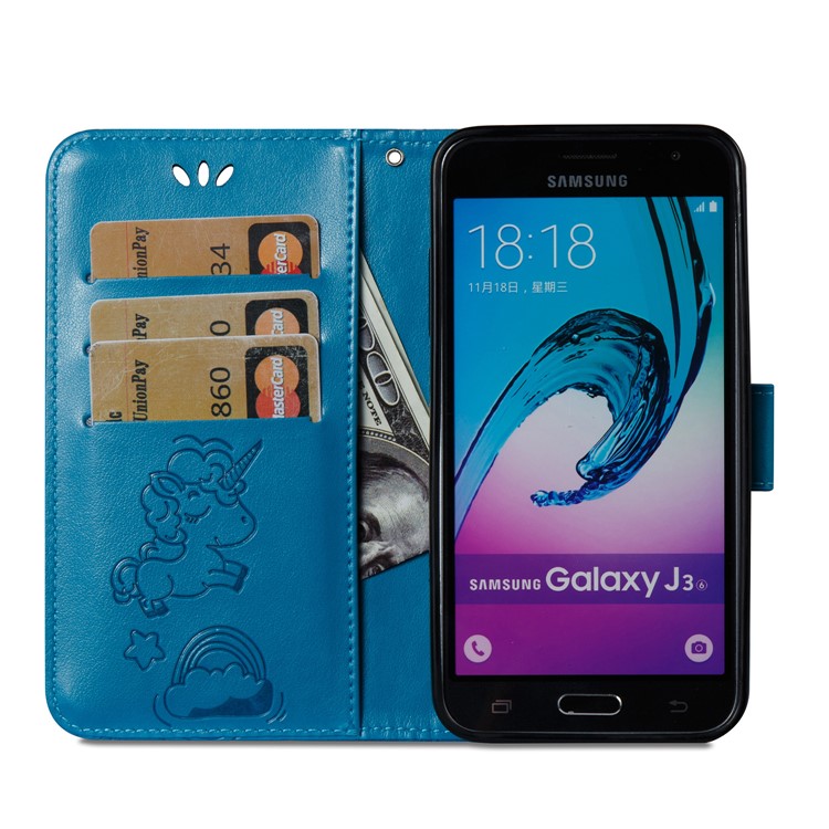 Imprint Unicorn Cloud PU Leather Wallet Stand Cover Shell for Samsung Galaxy J3 (2016) / J3 - Blue-9