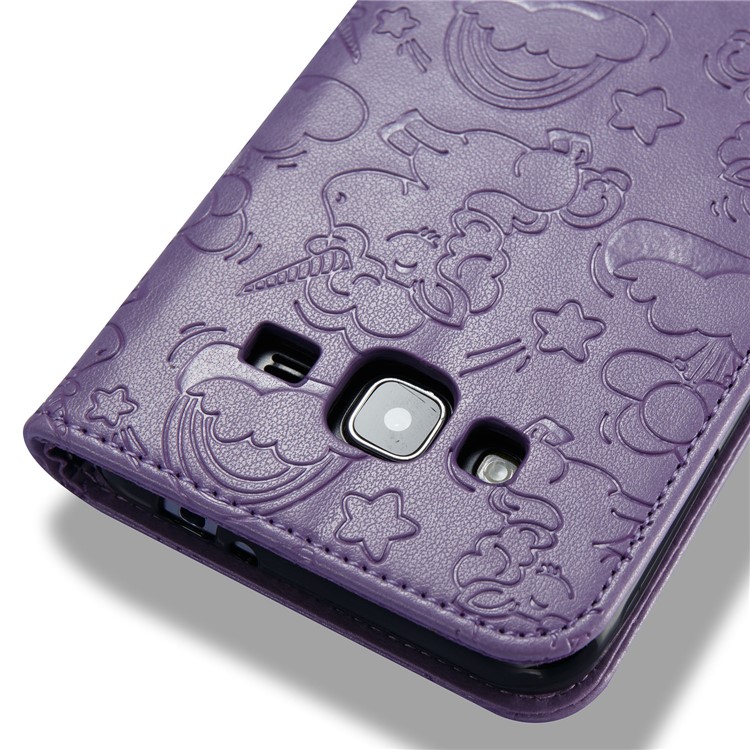 Imprint Unicorn Cloud PU Leather Wallet Cover Case with Lanyard for Samsung Galaxy J3 (2016) / J3 - Purple-10
