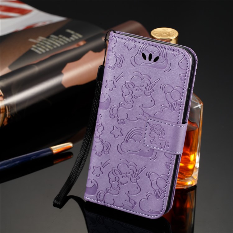 Imprint Unicorn Cloud PU Leather Wallet Cover Case with Lanyard for Samsung Galaxy J3 (2016) / J3 - Purple-2