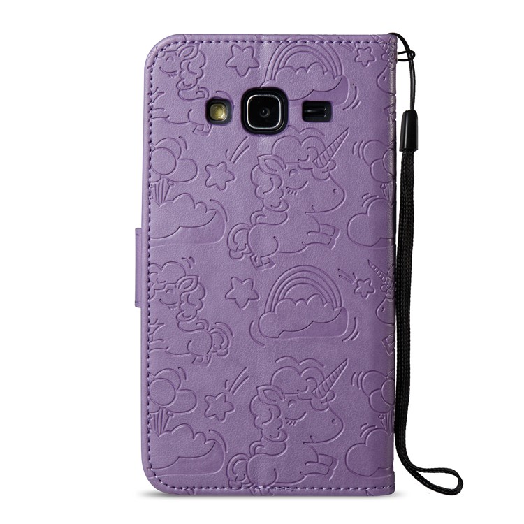 Imprint Unicorn Cloud PU Leather Wallet Cover Case with Lanyard for Samsung Galaxy J3 (2016) / J3 - Purple-4