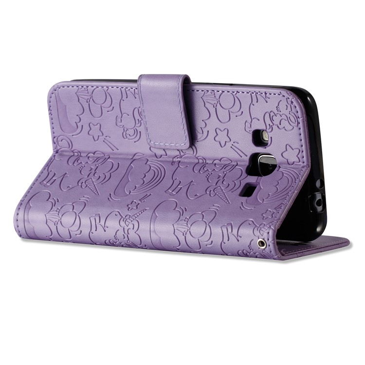 Imprint Unicorn Cloud PU Leather Wallet Cover Case with Lanyard for Samsung Galaxy J3 (2016) / J3 - Purple-7