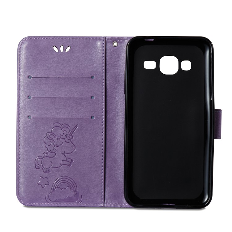 Imprint Unicorn Cloud PU Leather Wallet Cover Case with Lanyard for Samsung Galaxy J3 (2016) / J3 - Purple-8