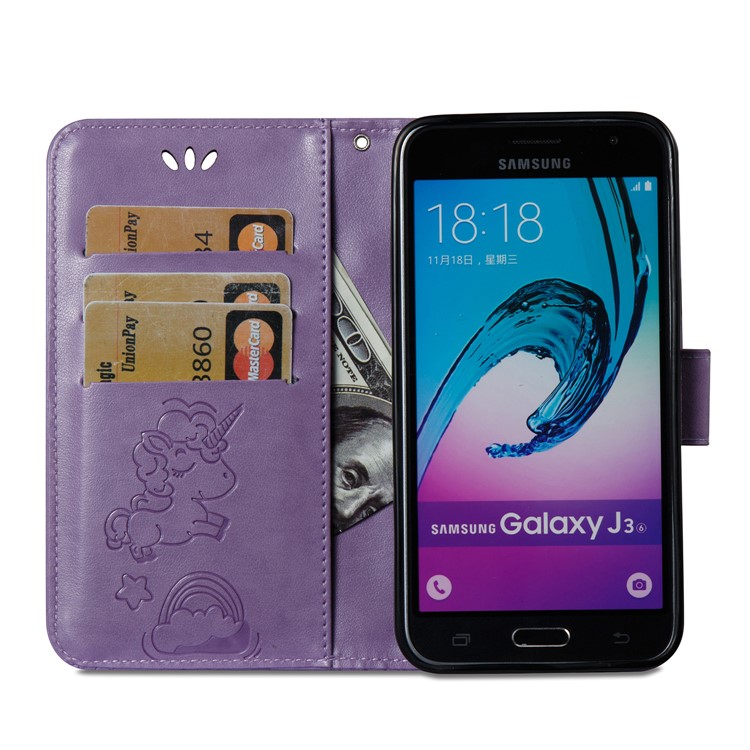 Imprint Unicorn Cloud PU Leather Wallet Cover Case with Lanyard for Samsung Galaxy J3 (2016) / J3 - Purple-9