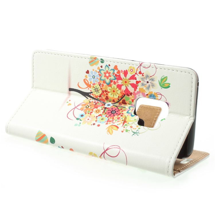 Patterned PU Leather Folio Wallet Stand Phone Cover for Samsung Galaxy S9 G960 - Tree with Blossoming Flower-4