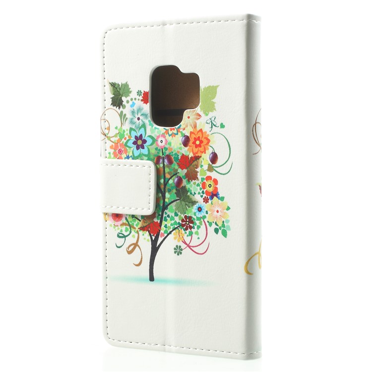 Patterned PU Leather Folio Wallet Stand Phone Casing Cover for Samsung Galaxy S9 - Tree with Blossoming Flower and Fruits-2
