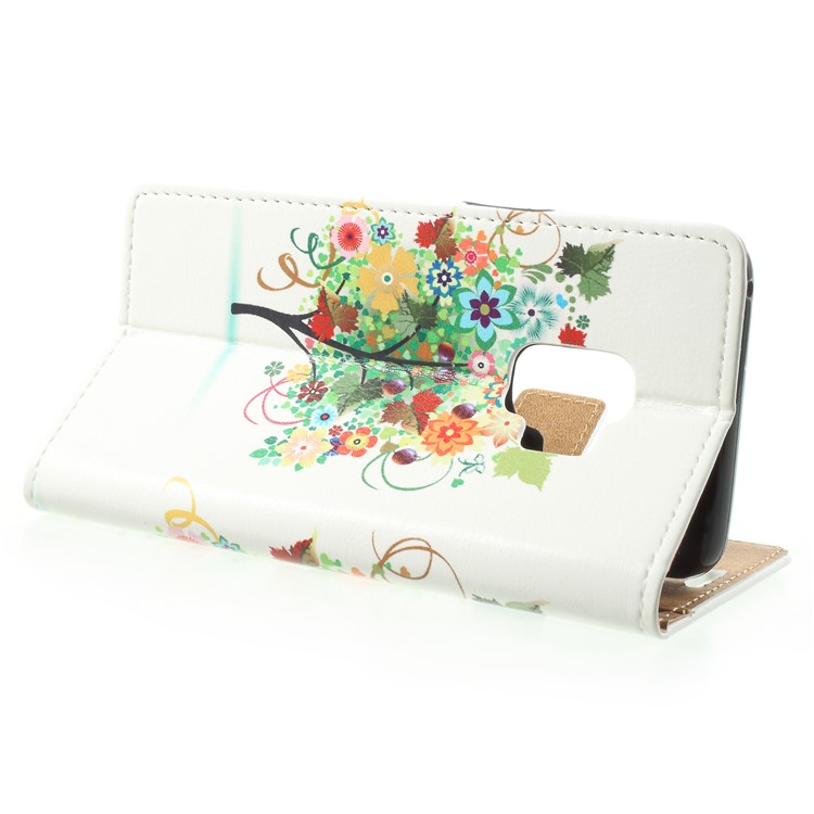 Patterned PU Leather Folio Wallet Stand Phone Casing Cover for Samsung Galaxy S9 - Tree with Blossoming Flower and Fruits-4