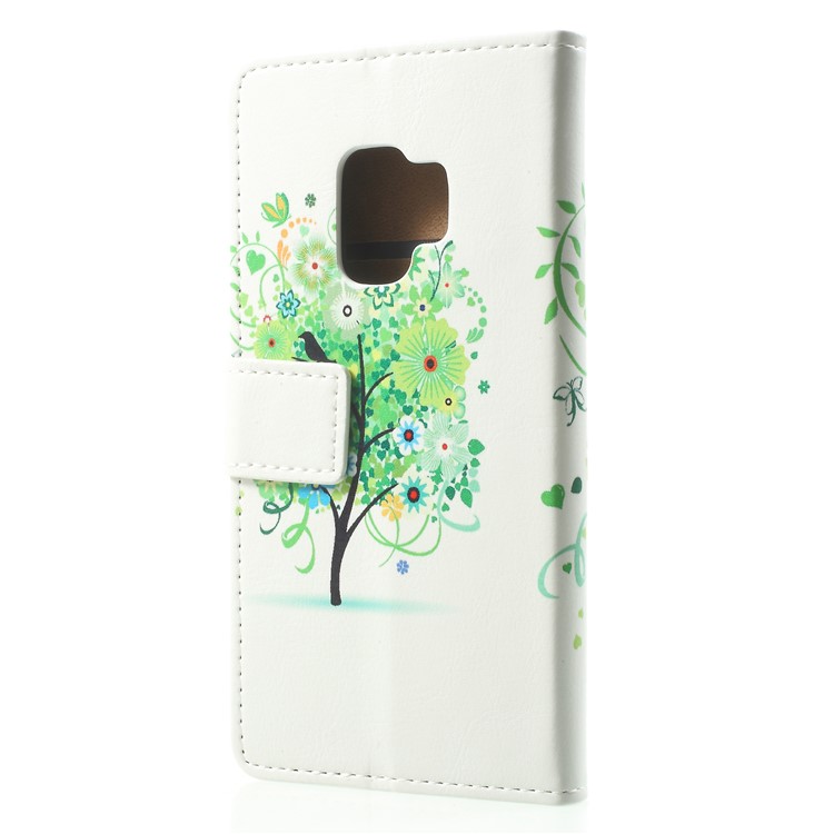 Patterned PU Leather Folio Wallet Stand Phone Shell for Samsung Galaxy S9 - Green Tree-2