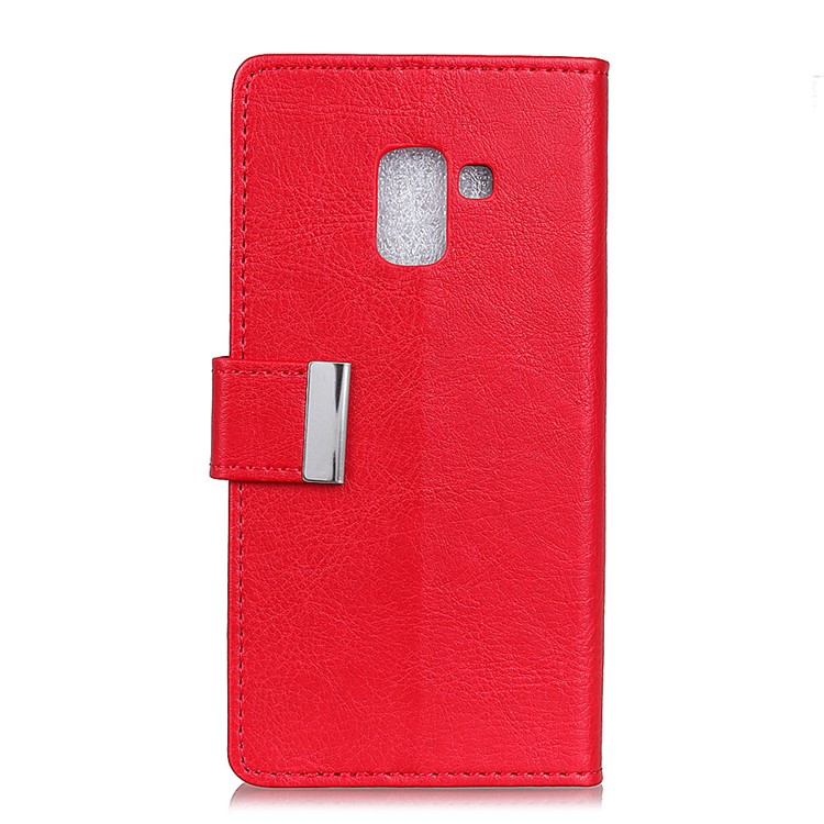 Metal Magnetic Clasp Crazy Horse Texture Leather Wallet Cover for Samsung Galaxy A8 (2018) - Red-1
